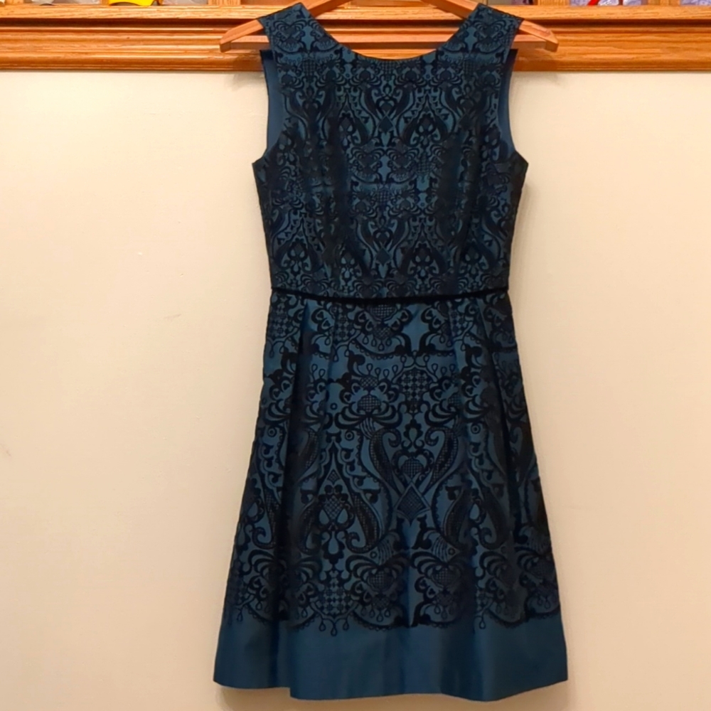 0 XS The Limited Teal Velvet Burnout Filigree Fit and Flare Women's Dress Dainty